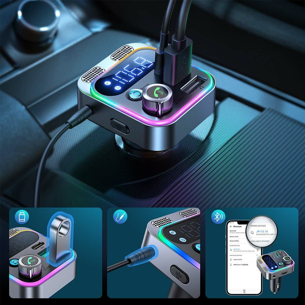 Kép 9/9 - Joyroom autós töltő 4-in-1, Bluetooth FM Transmitter C+U+U, QC 3.0, PD, 48W, fekete (JR-CL16)