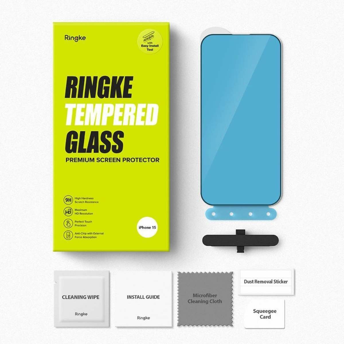 Kép 3/10 - Ringke iPhone 15 Premium edzett kijelzővédő 9H üvegfólia felhelyezési sablonnal