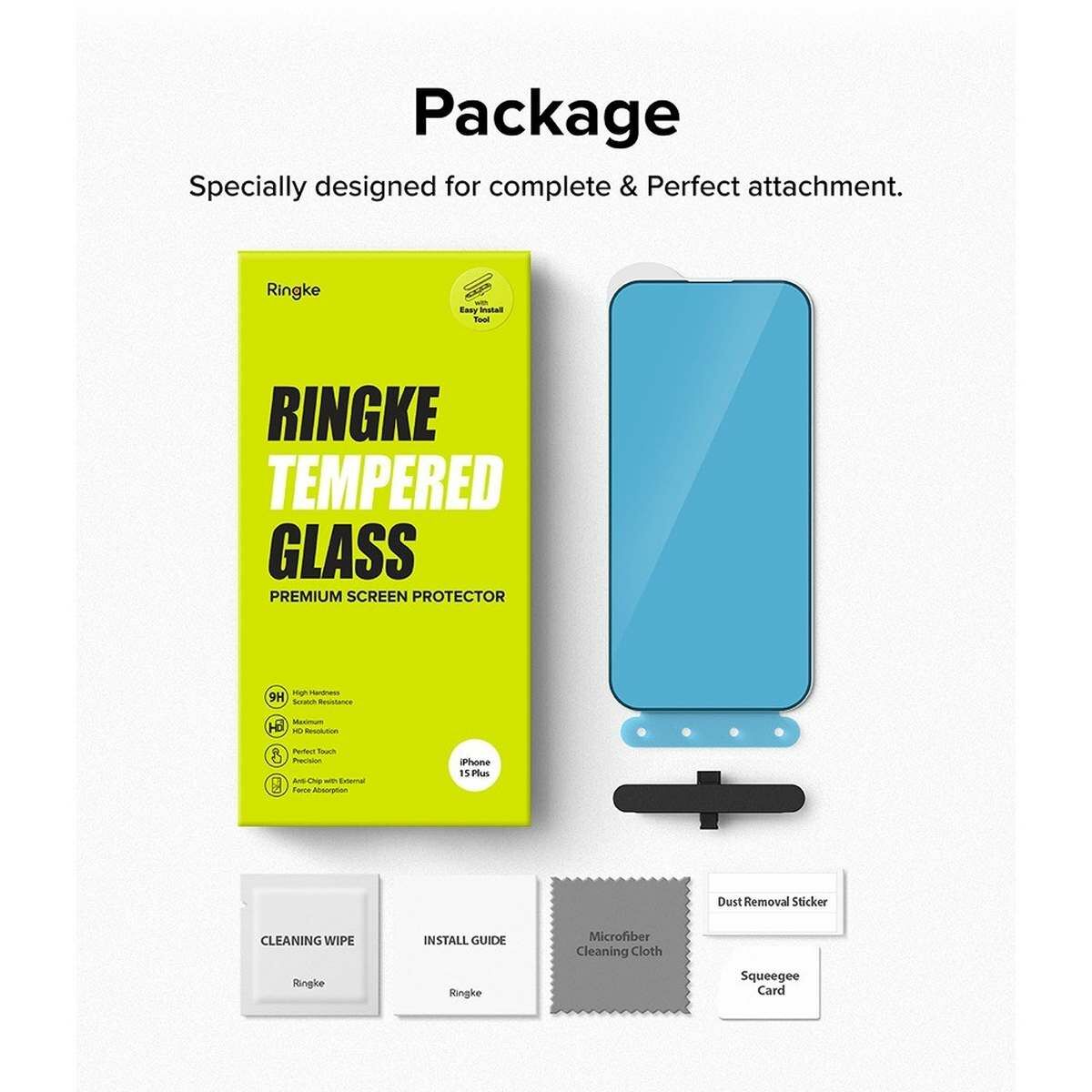 Kép 3/13 - Ringke iPhone 15 Plus Premium edzett kijelzővédő 9H üvegfólia felhelyezési sablonnal
