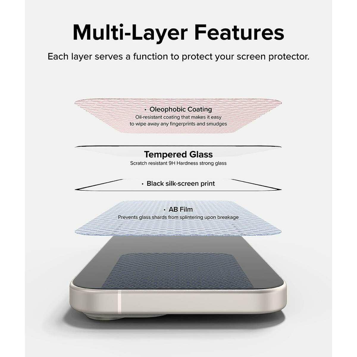 Kép 11/13 - Ringke iPhone 15 Plus Premium edzett kijelzővédő 9H üvegfólia felhelyezési sablonnal