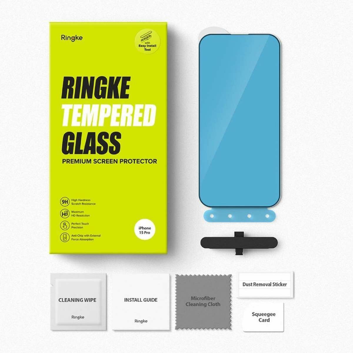 Kép 3/9 - Ringke iPhone 15 Pro Premium edzett kijelzővédő 9H üvegfólia felhelyezési sablonnal