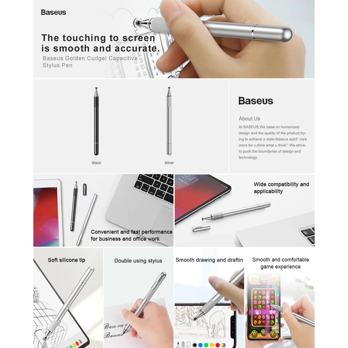 Kép 3/5 - Baseus Tablet kiegészítő, toll Golden Cudgel Capacitive Stylus, ezüst (ACPCL-0S)