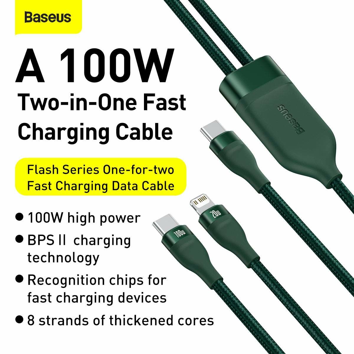 Kép 11/12 - Baseus Type-C - Type-C Kábel Flash Series 2-in-1 Gyors töltés Type-C bemenetről L+C 100W 1.2m, zöld (CA1T2-F06)