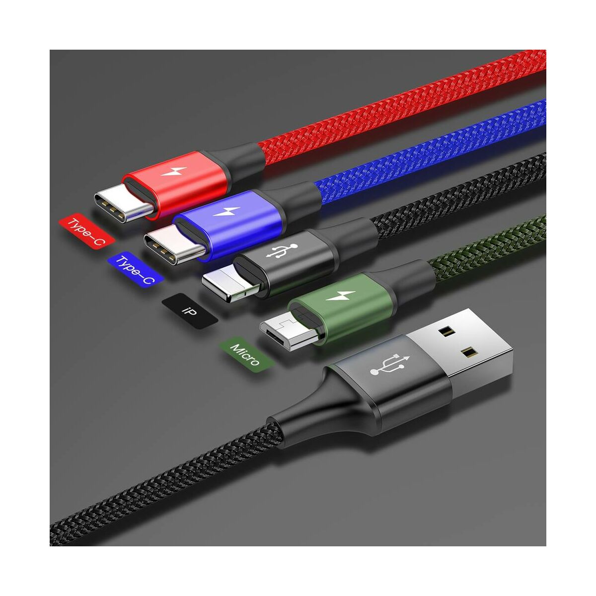Kép 3/9 - Baseus Univerzális kábel, Fast, 4-in-1 multifunkciós(Fast Lightning + 2 x Type-C + micro USB), 3.5A, 1.2m, fekete (CA1T4-B01)