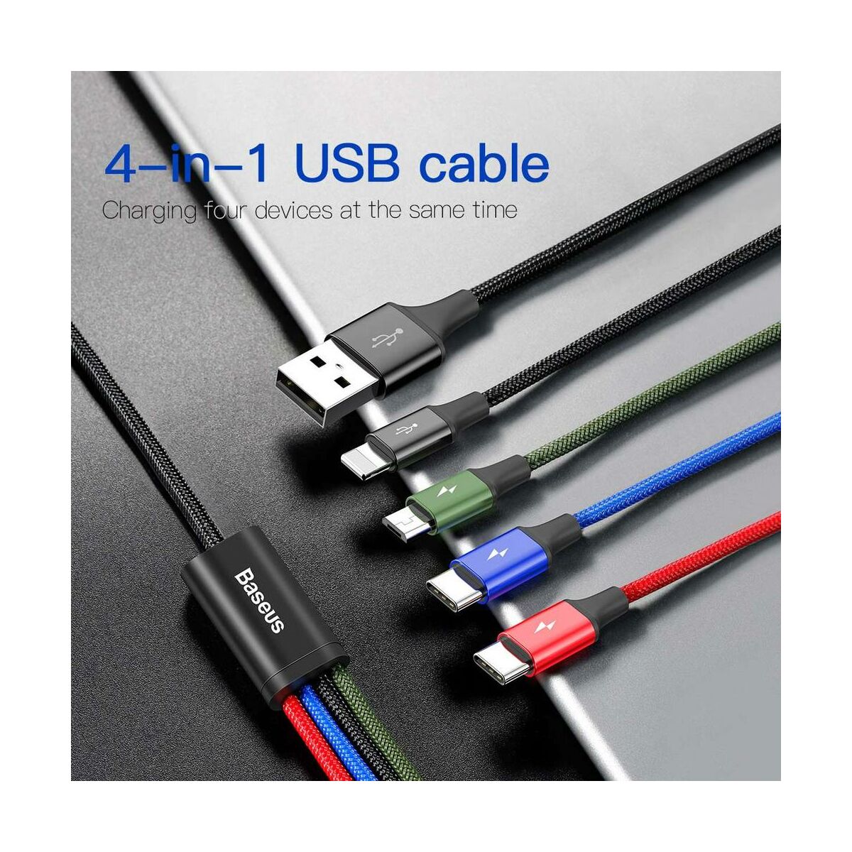 Baseus Univerzális kábel, Fast, 4-in-1 multifunkciós(Fast Lightning + 2 x Type-C + micro USB), 3.5A, 1.2m, fekete (CA1T4-B01)