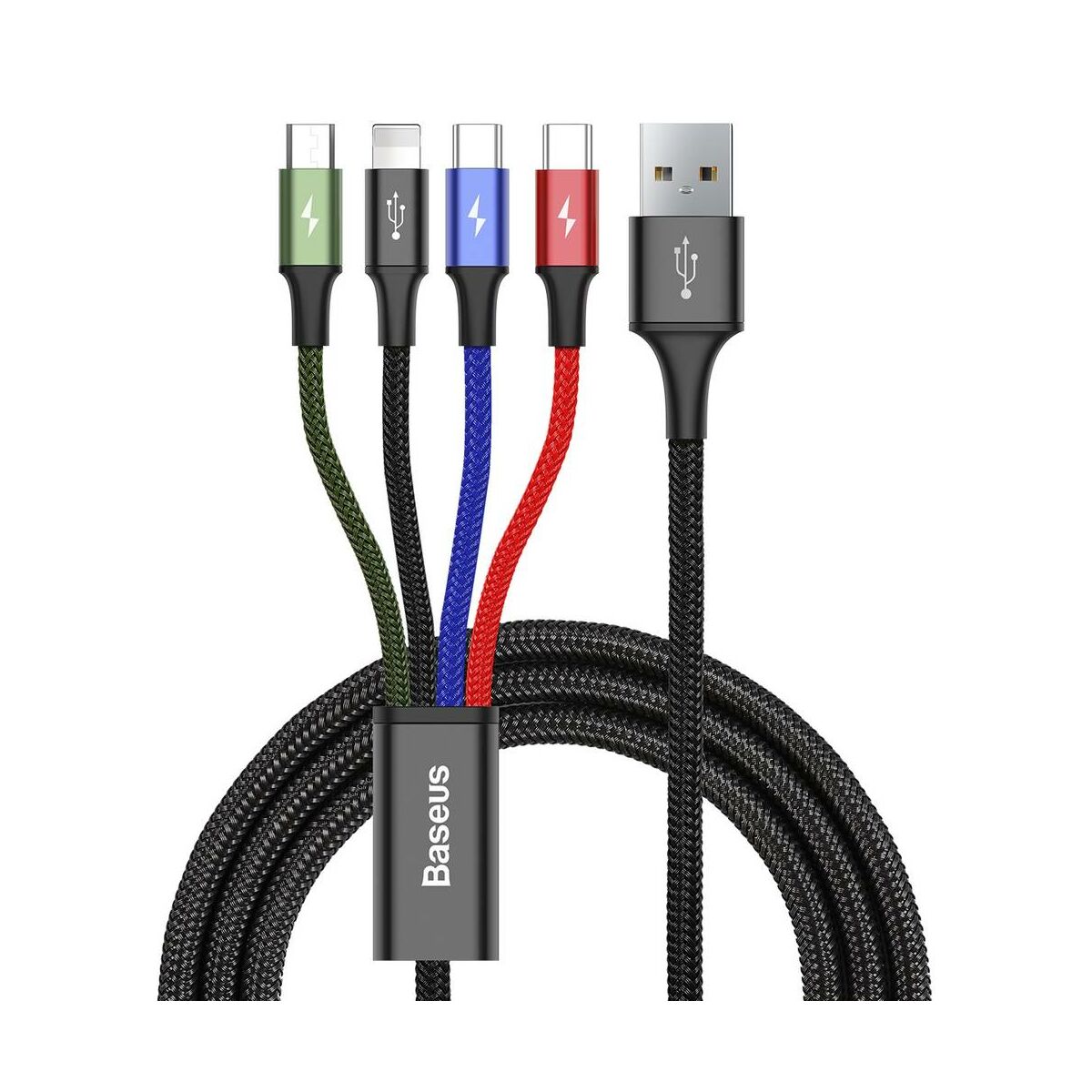 Kép 9/9 - Baseus Univerzális kábel, Fast, 4-in-1 multifunkciós(Fast Lightning + 2 x Type-C + micro USB), 3.5A, 1.2m, fekete (CA1T4-B01)