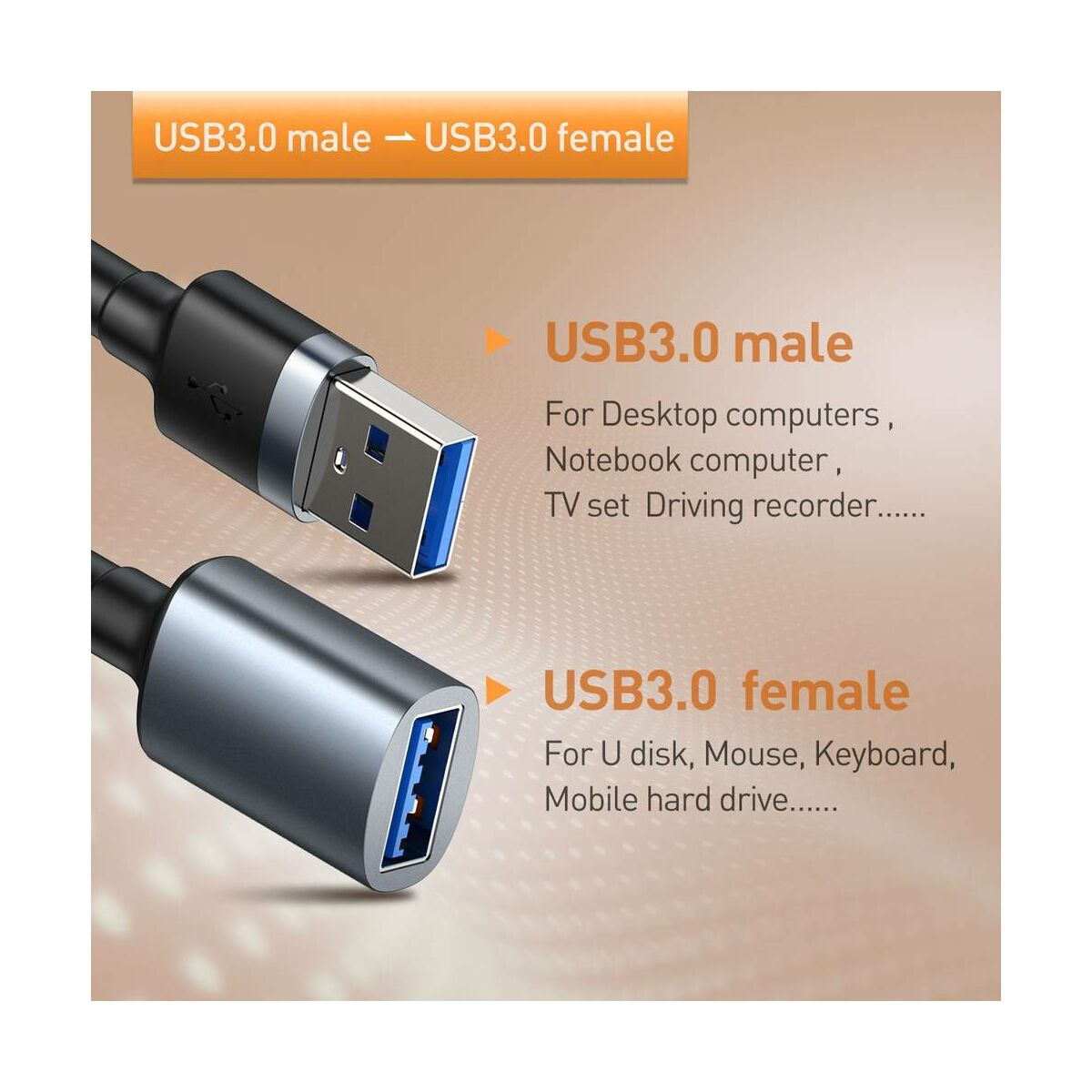 Baseus átalakító kábel, Cafule USB3.0[apa] - USB3.0[anya] 2A, 1m, szürke (CADKLF-B0G)