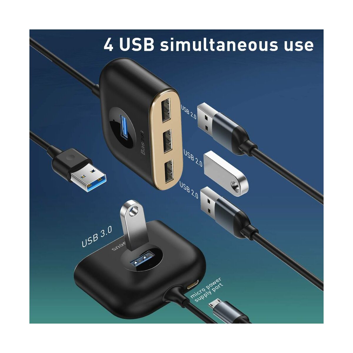 Kép 4/8 - Baseus HUB, Square Round, 4-in-1 USB-A bemenetről USB Adapter USB3.0x1 + USB2.0x3 1m, fekete (CAHUB-AY01)