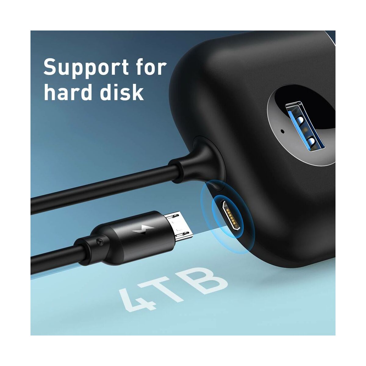 Kép 7/8 - Baseus HUB, Square Round, 4-in-1 USB-A bemenetről USB Adapter USB3.0x1 + USB2.0x3 1m, fekete (CAHUB-AY01)