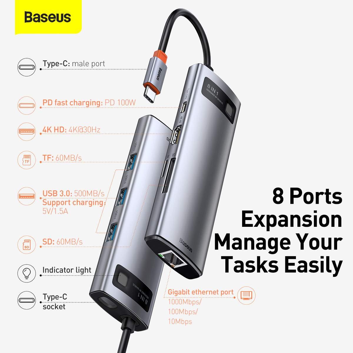 Kép 6/14 - Baseus HUB Metal Gleam Series 8-in-1 Multifunkciós (Type-C bemenetről PD/4K HD/USB3.0) Dokkoló, szürke (CAHUB-CV0G)