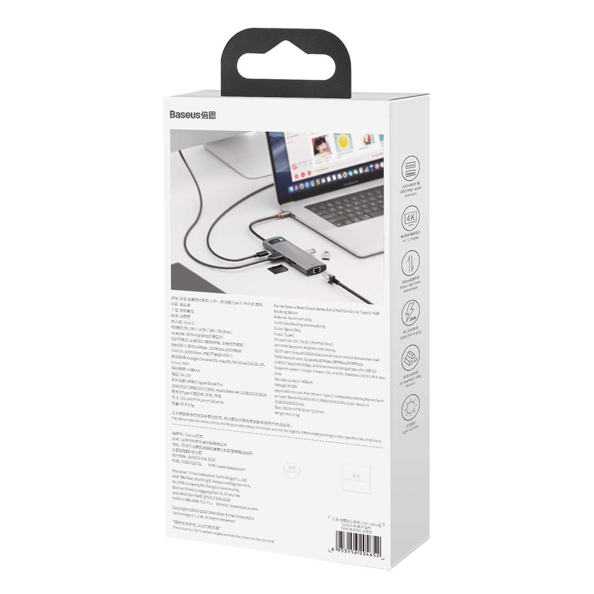 Kép 14/14 - Baseus HUB Metal Gleam Series 8-in-1 Multifunkciós (Type-C bemenetről PD/4K HD/USB3.0) Dokkoló, szürke (CAHUB-CV0G)