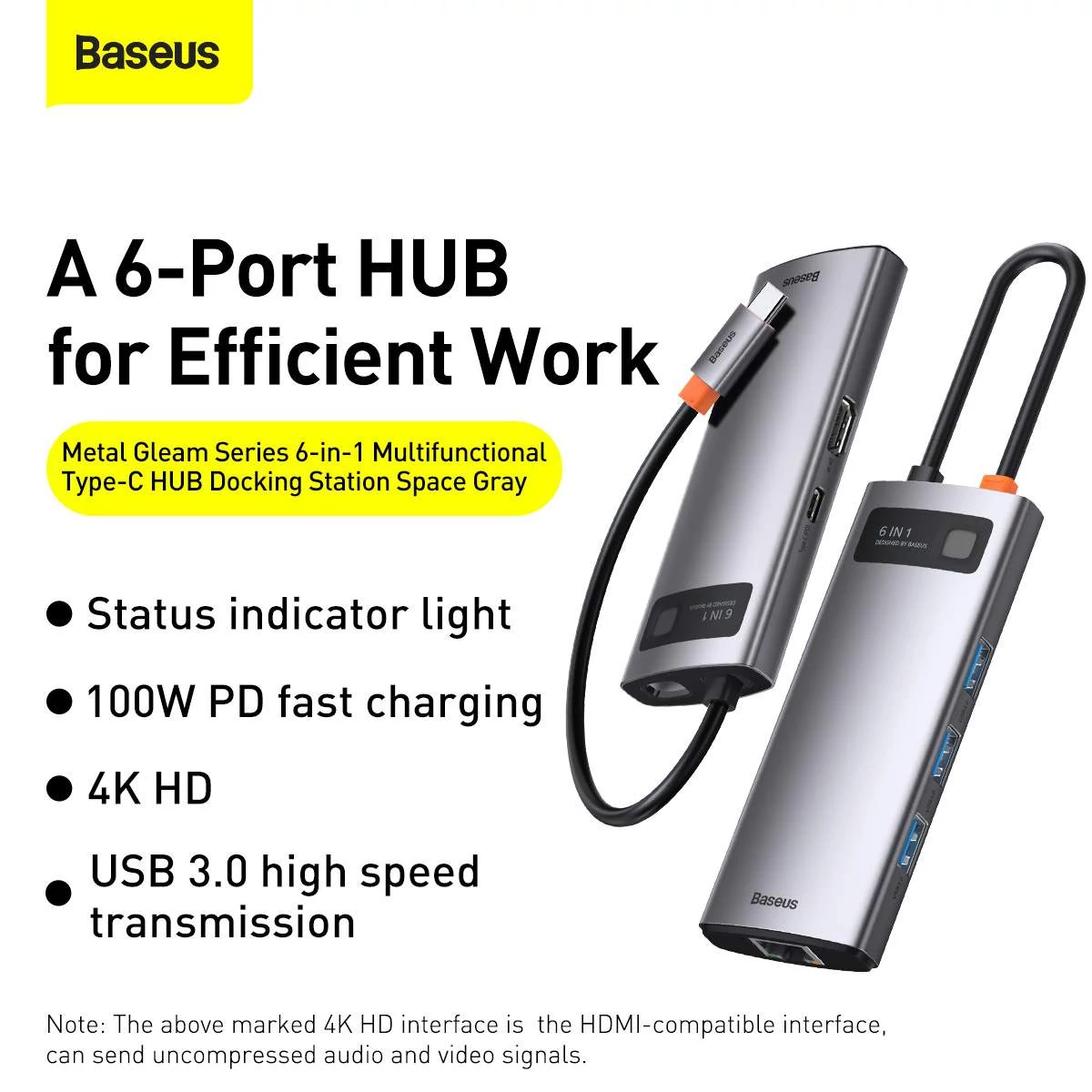 Kép 6/15 - Baseus HUB Metal Gleam Series 6-in-1 Multifunkciós (Type-C bemenetről PD/4K HD/USB3.0) Dokkoló, szür