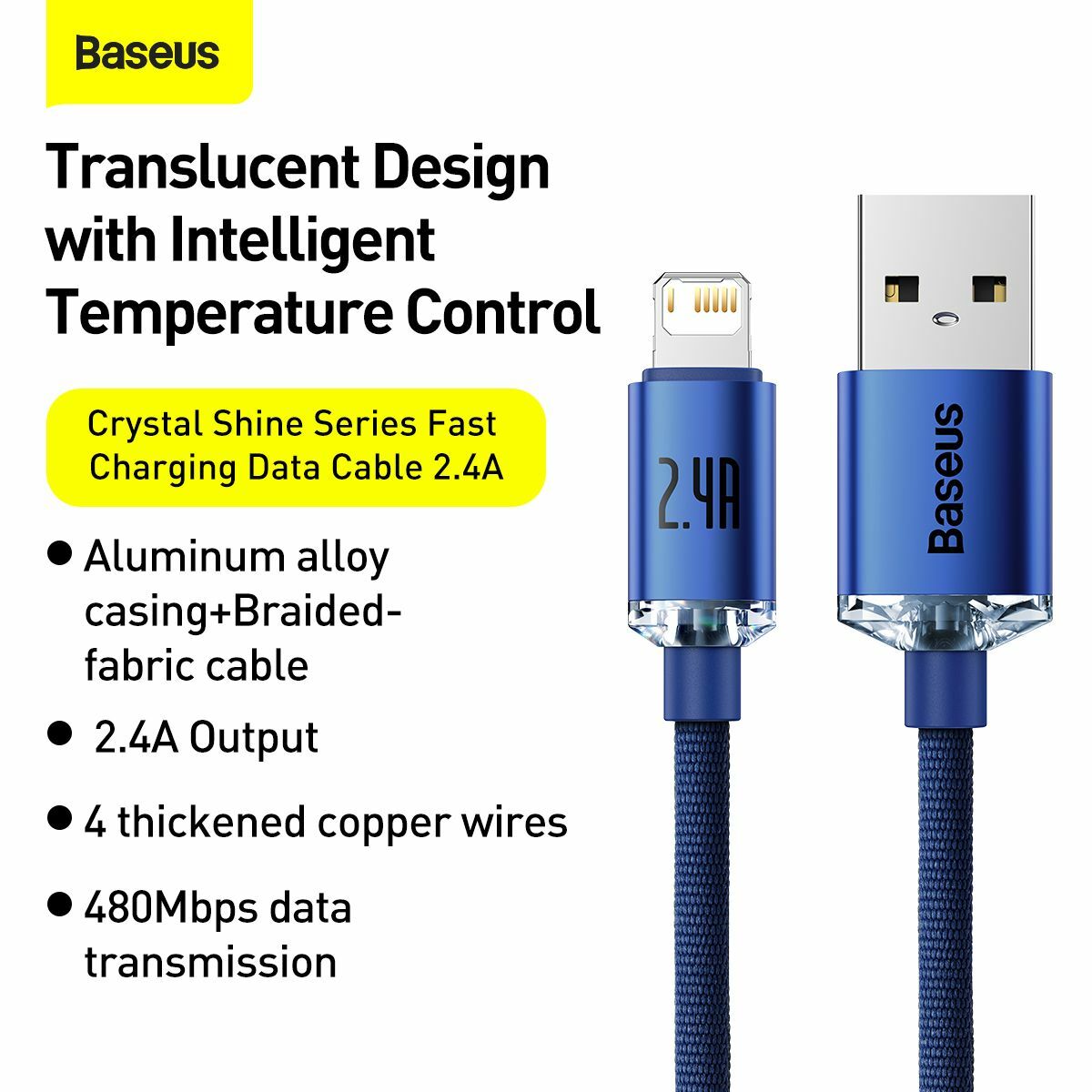Baseus Lightning kábel, Crystal Shine Series gyorstöltés, adatkábel, 2.4A, 2m, kék (CAJY000103)