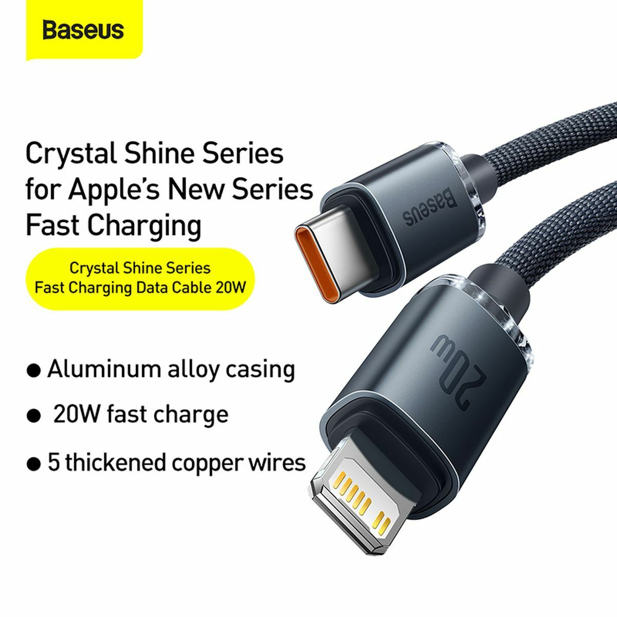 Kép 11/16 - Baseus Type-C - Lightning kábel, Crystal Shine Series gyors töltés, adatkábel 20W, 1.2m, fekete (CAJY000201)