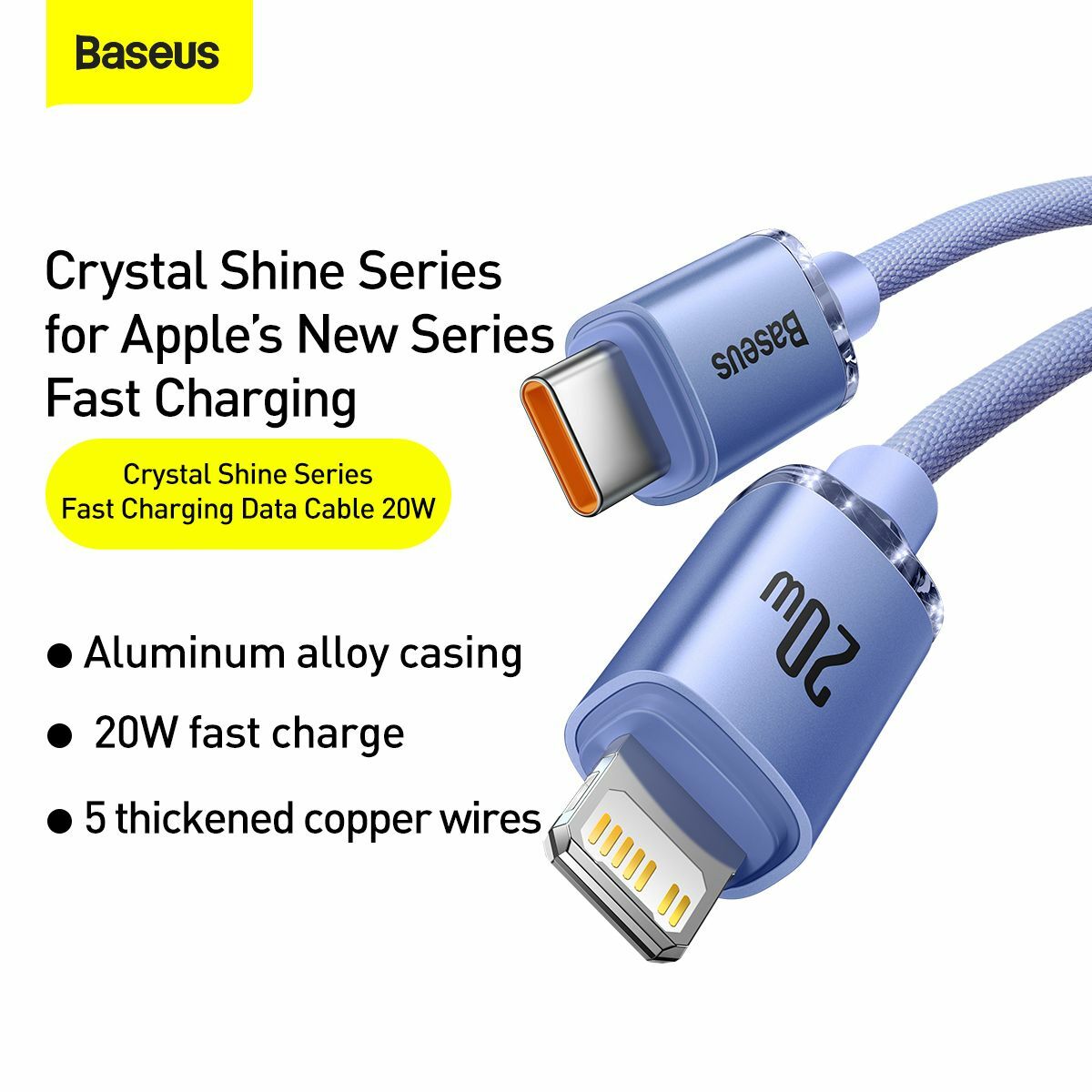 Kép 11/16 - Baseus Type-C - Lightning kábel, Crystal Shine Series gyors töltés, adatkábel 20W, 1.2m, lila (CAJY000205)