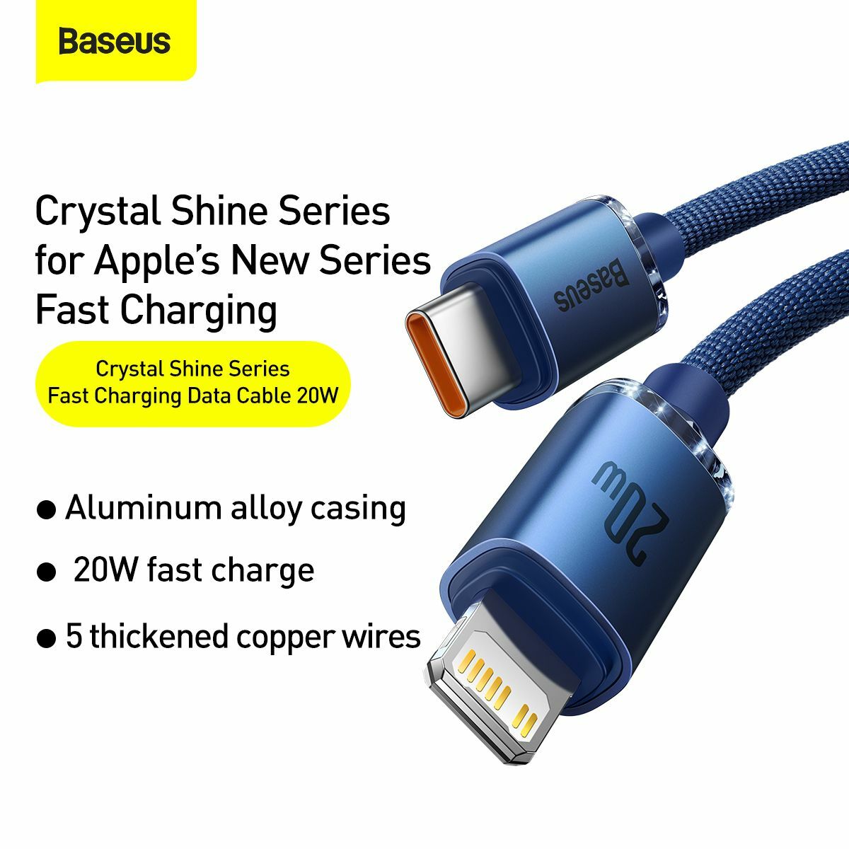 Kép 11/16 - Baseus Type-C - Lightning kábel, Crystal Shine Series gyors töltés, adatkábel 20W, 2m, kék (CAJY000303)