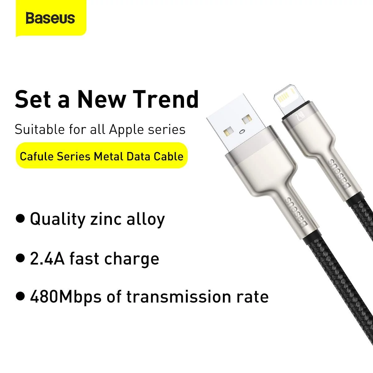 Kép 7/13 - Baseus USB - Lightning kábel, Cafule Series Metal adatkábel, 2.4A, 0.25m, fekete (CALJK-01)