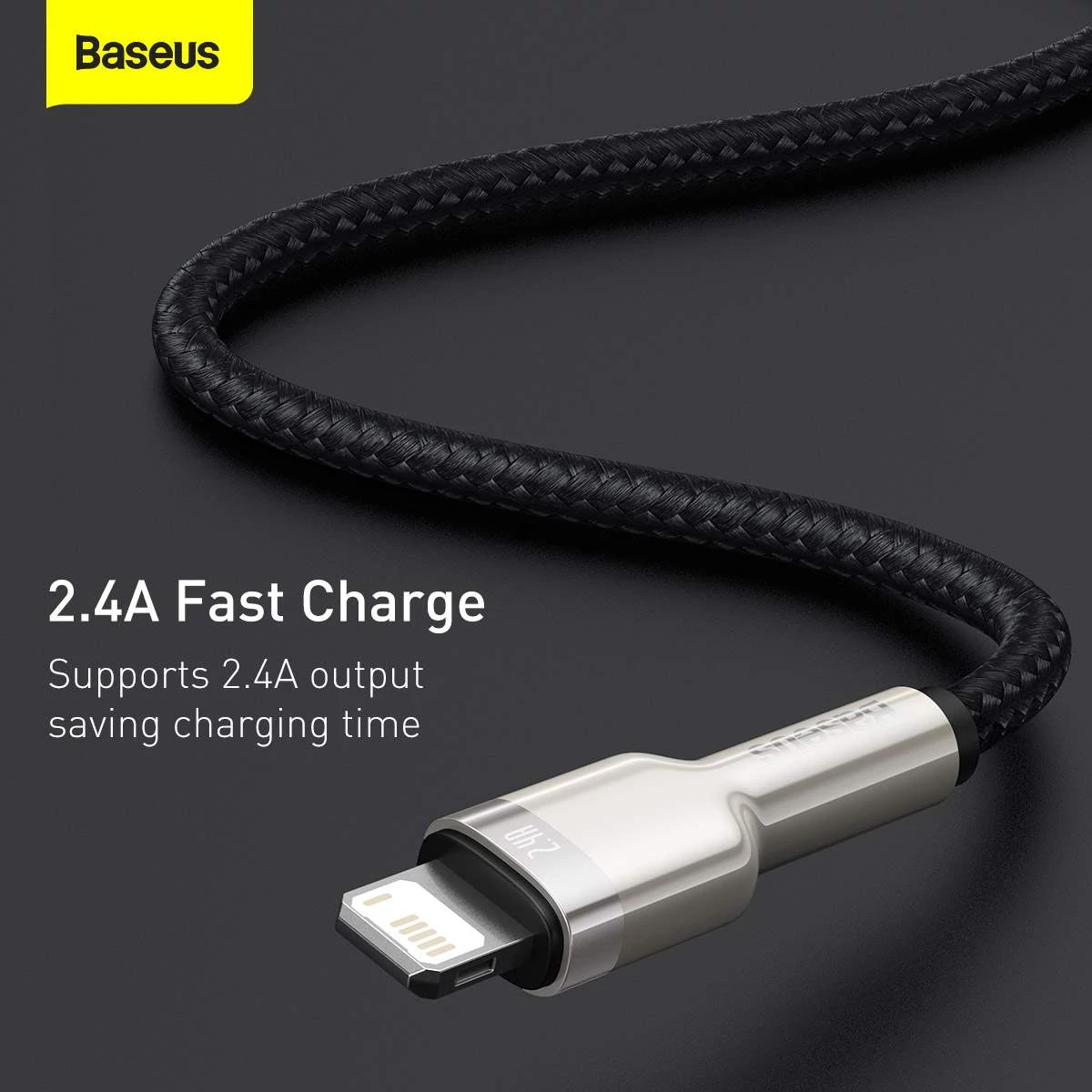 Kép 10/13 - Baseus USB - Lightning kábel, Cafule Series Metal adatkábel, 2.4A, 0.25m, fekete (CALJK-01)