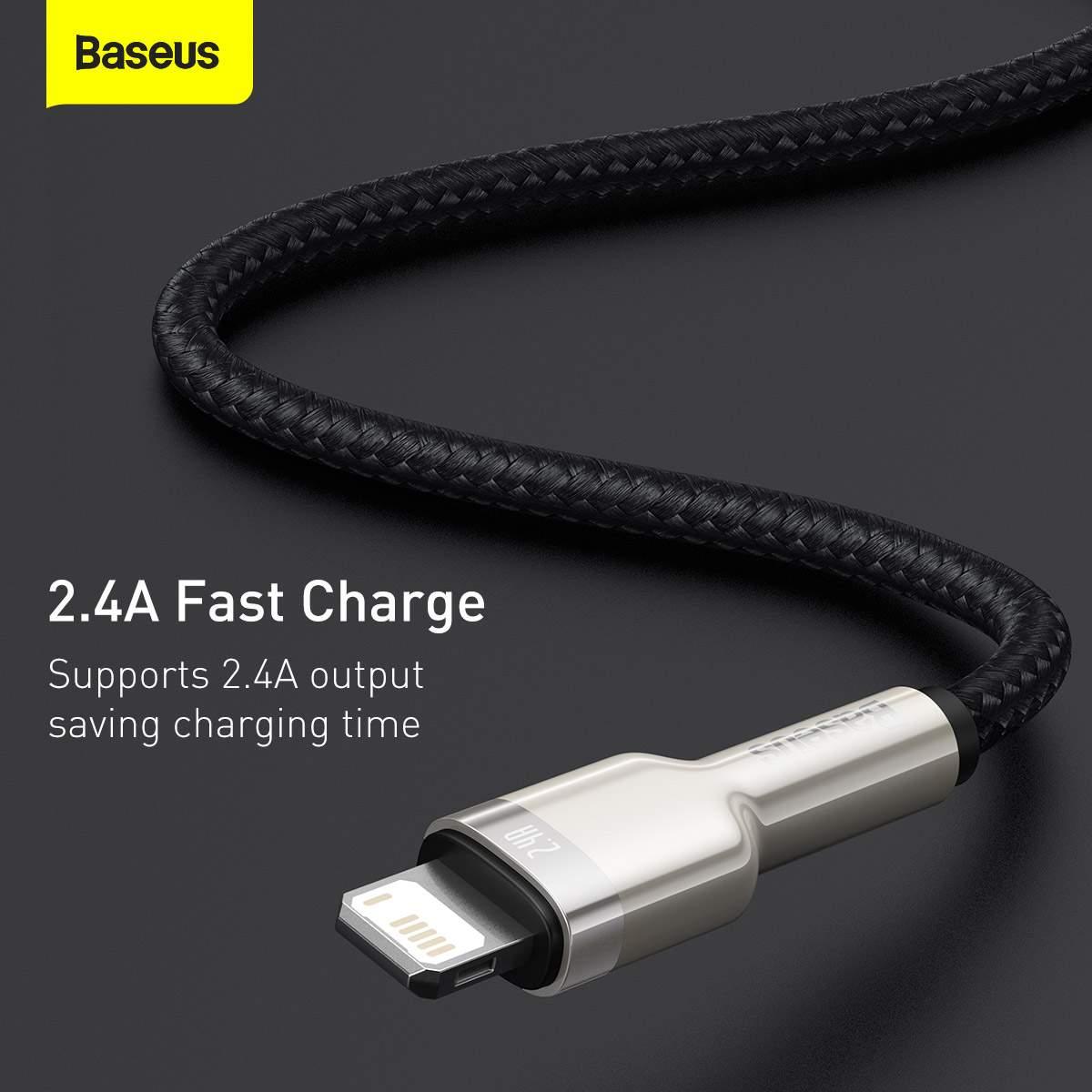 Kép 10/13 - Baseus Lightning kábel, Cafule Series Metal adatkábel, 2.4A, 0.25m, fekete (CALJK-01)