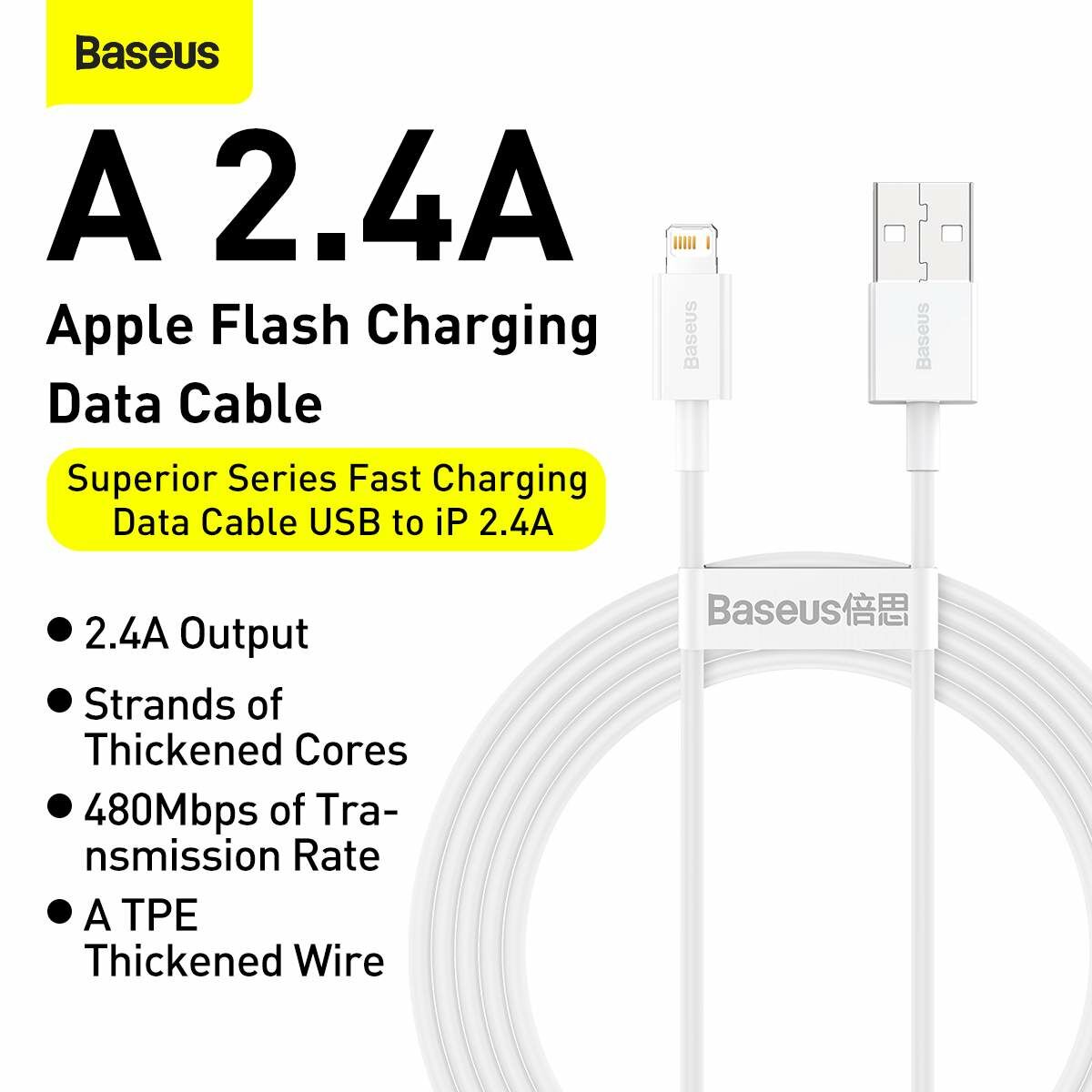 Kép 4/12 - Baseus Lightning Superior Series kábel, Gyors töltés, Adatkábel 2.4A, 0.25m, fehér (CALYS-02)