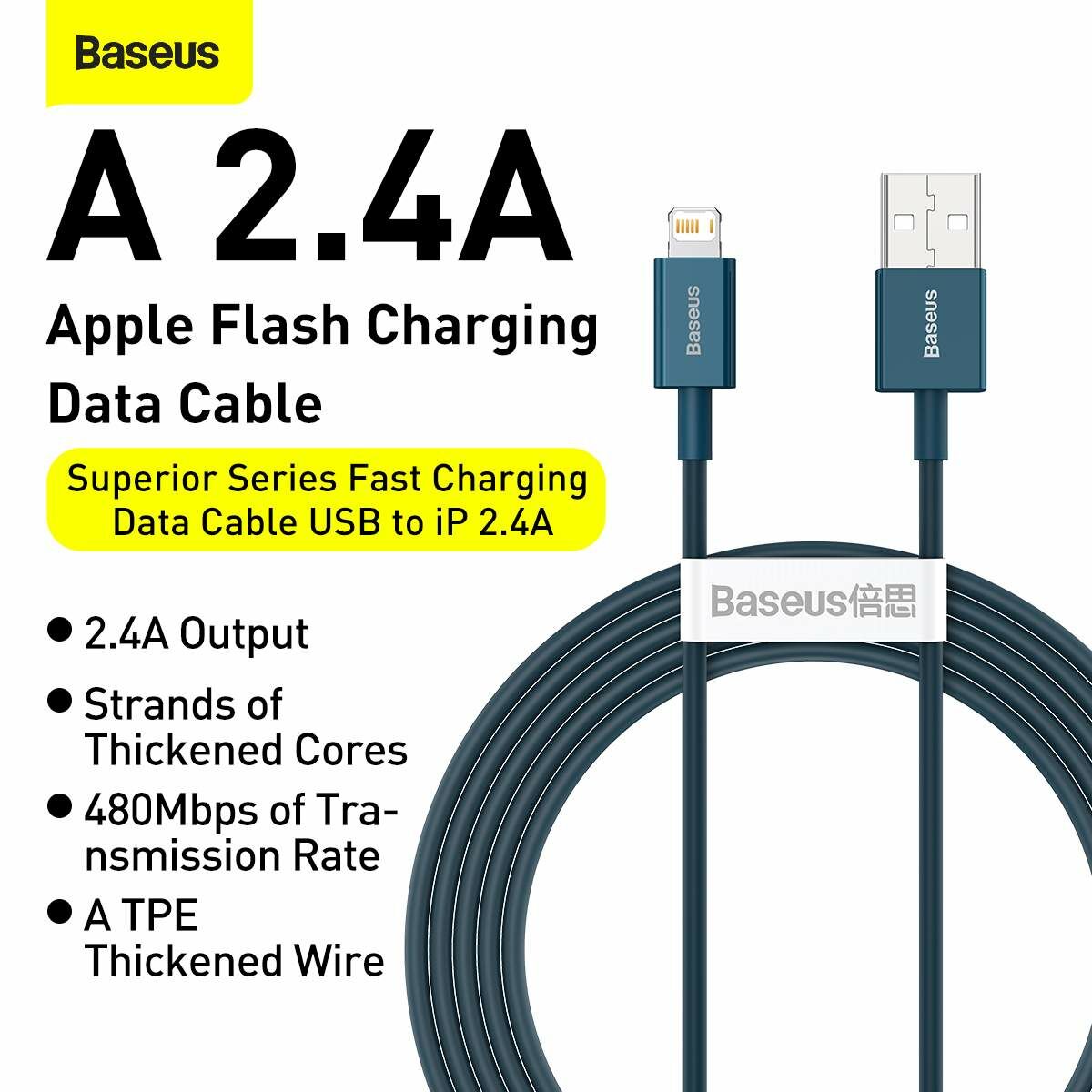 Kép 7/12 - Baseus Lightning Superior Series kábel, Gyors töltés, Adatkábel 2.4A, 1m, kék (CALYS-A03)