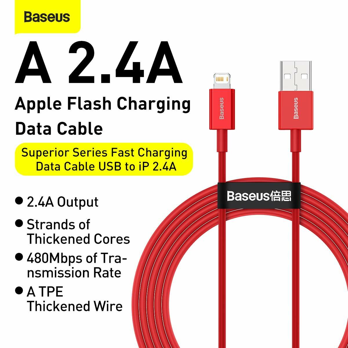 Kép 4/12 - Baseus Lightning Superior Series kábel, Gyors töltés, Adatkábel 2.4A, 1m, piros (CALYS-A09)