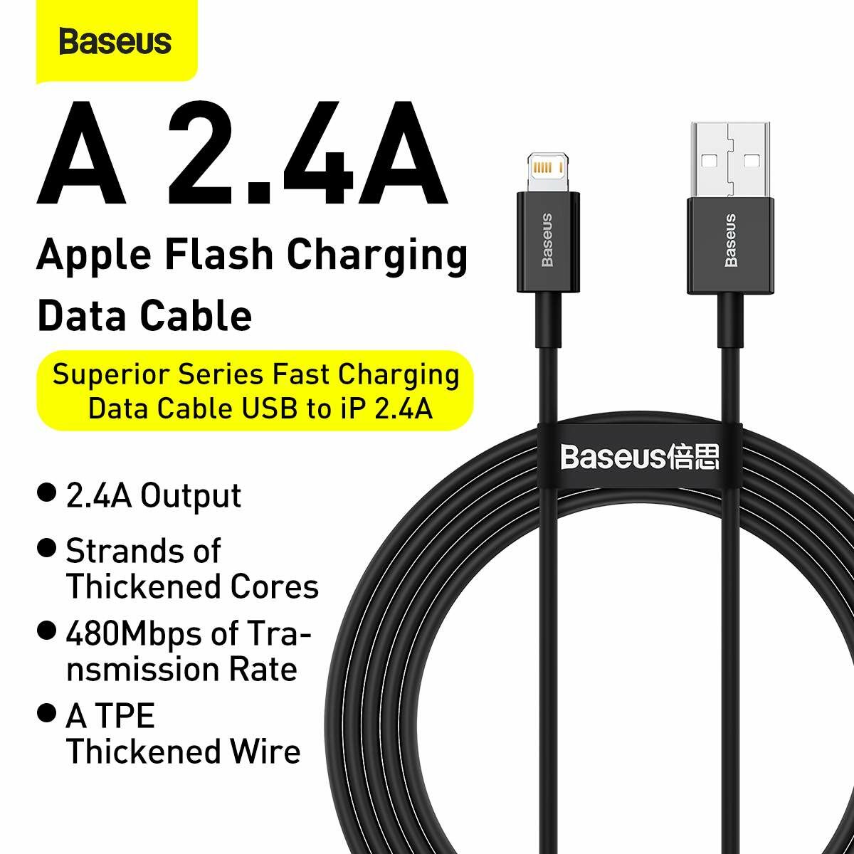 Baseus Lightning Superior Series kábel, Gyors töltés, Adatkábel 2.4A, 2m, fekete (CALYS-C01) 