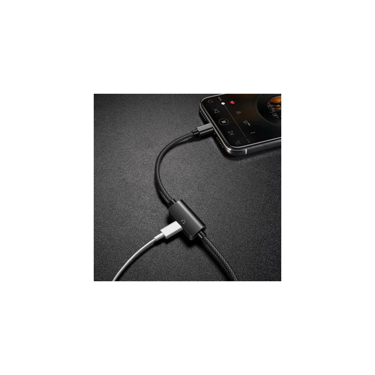 Kép 3/3 - Baseus Audio kábel, Music series Audio, 2-in-1 multifunkciós(Lightning[apa] + Lightning[anya] port), 2A, 1m, fekete (CALYU-01)