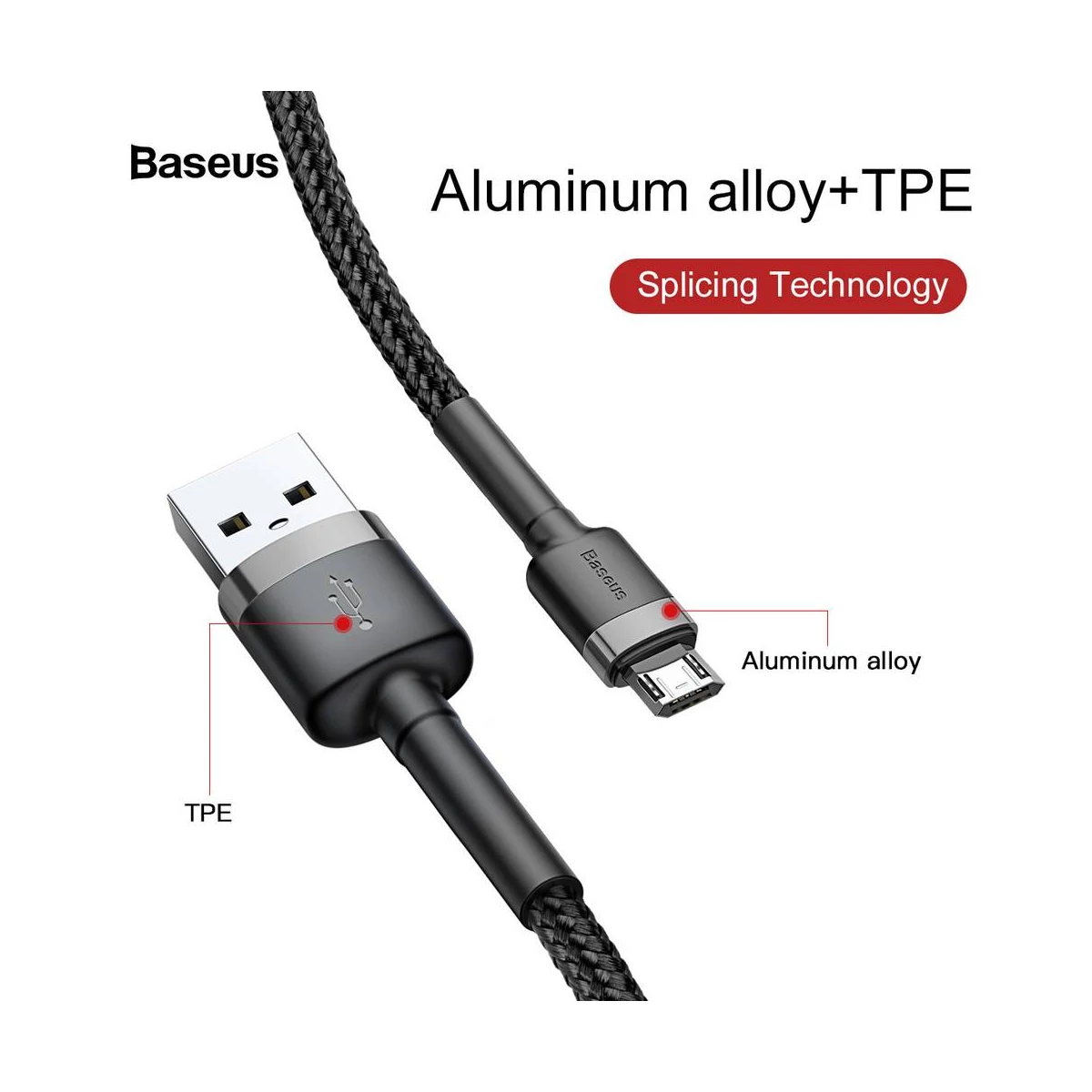 Kép 4/9 - Baseus Micro USB kábel, Cafule 2.4A, 0.5m, szürke/fekete (CAMKLF-AG1)