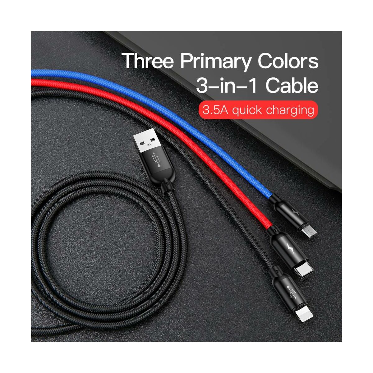 Kép 5/14 - Baseus Univerzális kábel, Three Primary Colors Light/Type-C/Micro fonott Nylon bevonat 3.5A 1.2m, fekete (CAMLT-BSY01)
