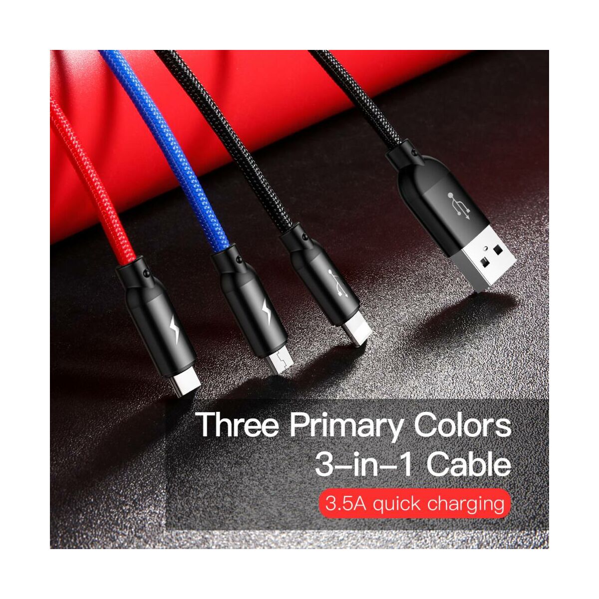 Kép 6/14 - Baseus Univerzális kábel, Three Primary Colors Light/Type-C/Micro fonott Nylon bevonat 3.5A 1.2m, fekete (CAMLT-BSY01)