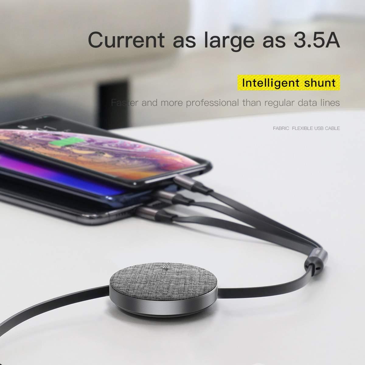 Kép 4/12 - Baseus Univerzális kábel, Fabric 3-in-1 Flexibilis Kábel USB-A bemenetről Micro+Light+Type-C 3.5A, 1.2m, szürke (CAMLT-BYG1)