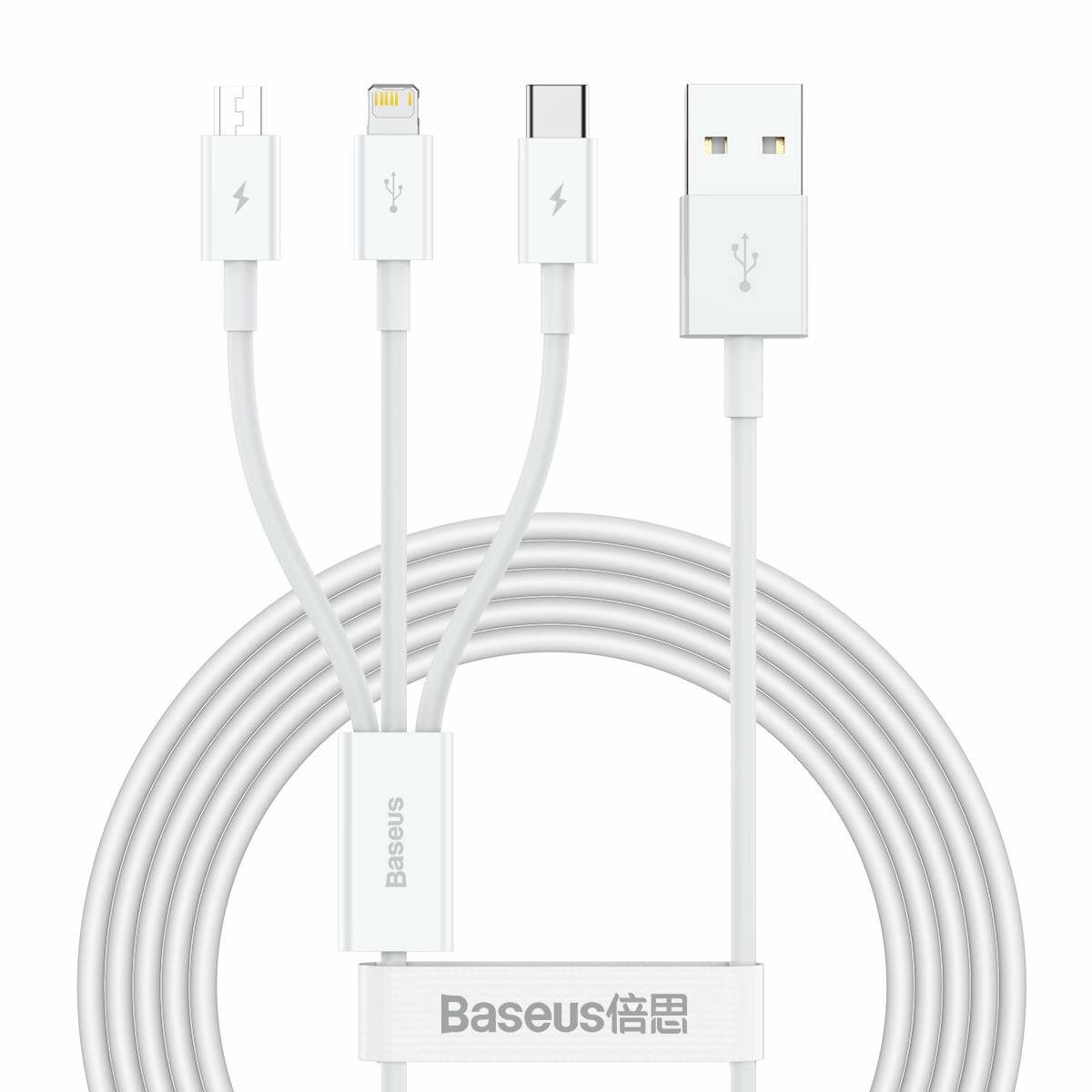 Kép 2/14 - Baseus Univerzális kábel, Superior Series 3-in-1 Gyors töltés, Adatkábel USB bemenetről M+L+C 3.5A 1.5m, fehér (CAMLTYS-02)
