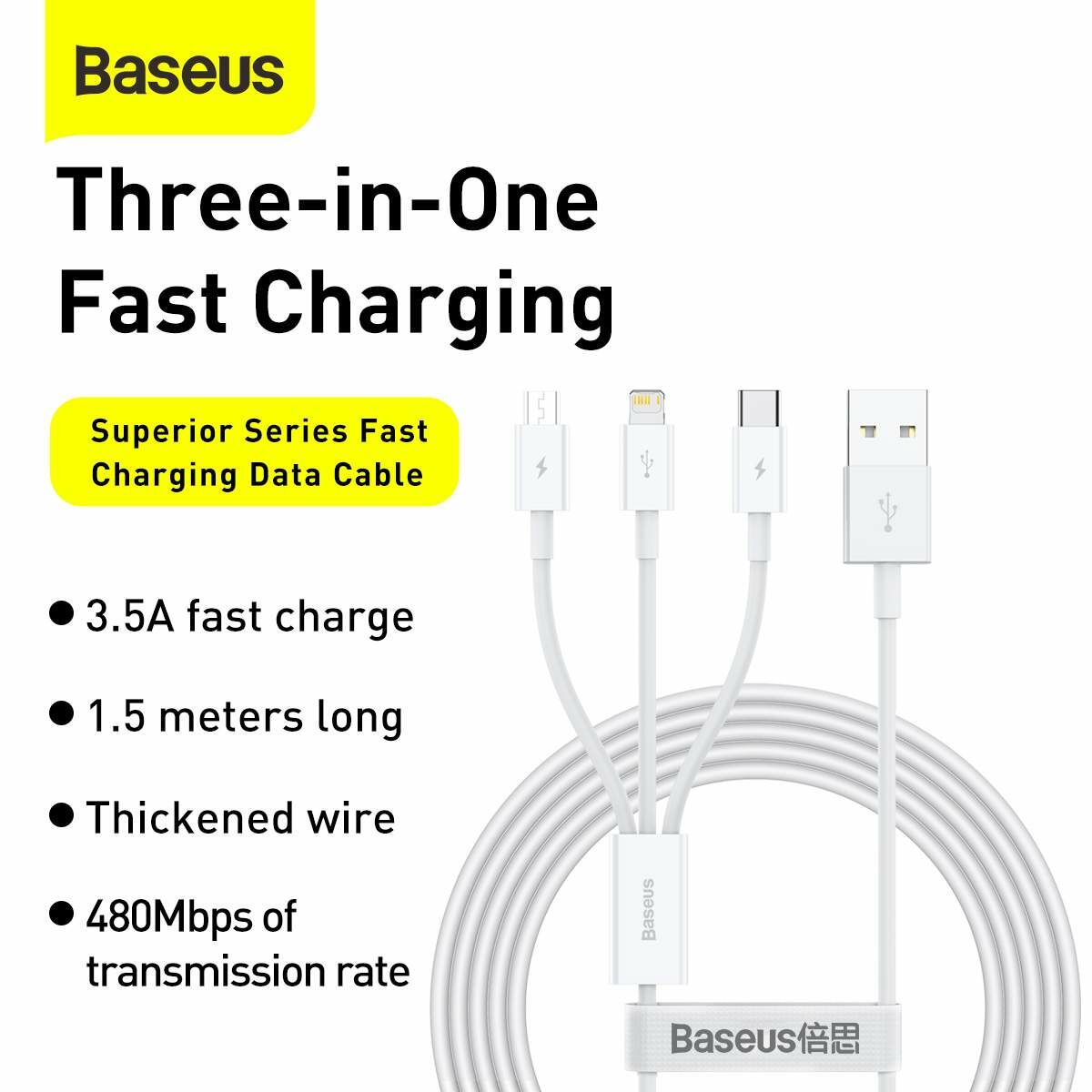 Kép 6/14 - Baseus Univerzális kábel, Superior Series 3-in-1 Gyors töltés, Adatkábel USB bemenetről M+L+C 3.5A 1.5m, fehér (CAMLTYS-02)