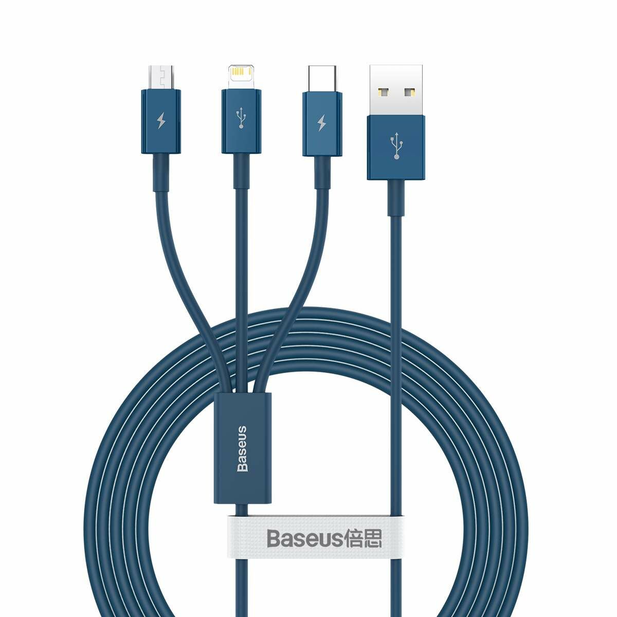 Kép 2/13 - Baseus Univerzális kábel, Superior Series 3-in-1 Gyors töltés, Adatkábel USB bemenetről M+L+C 3.5A 1.5m, kék (CAMLTYS-03)