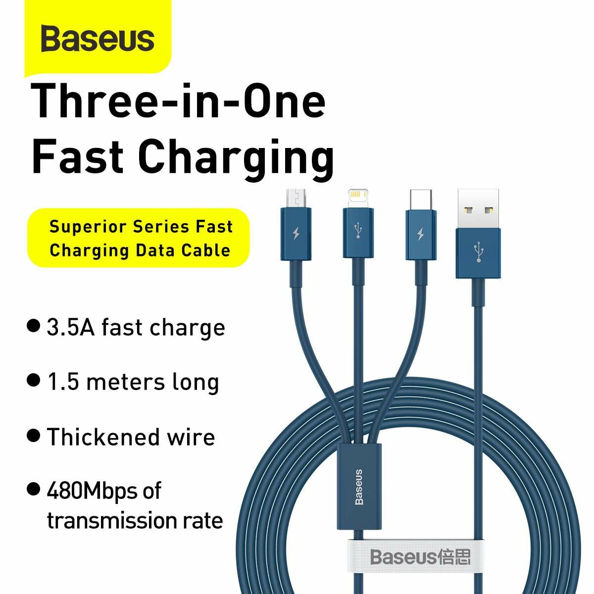 Kép 5/13 - Baseus Univerzális kábel, Superior Series 3-in-1 Gyors töltés, Adatkábel USB bemenetről M+L+C 3.5A 1.5m, kék (CAMLTYS-03)