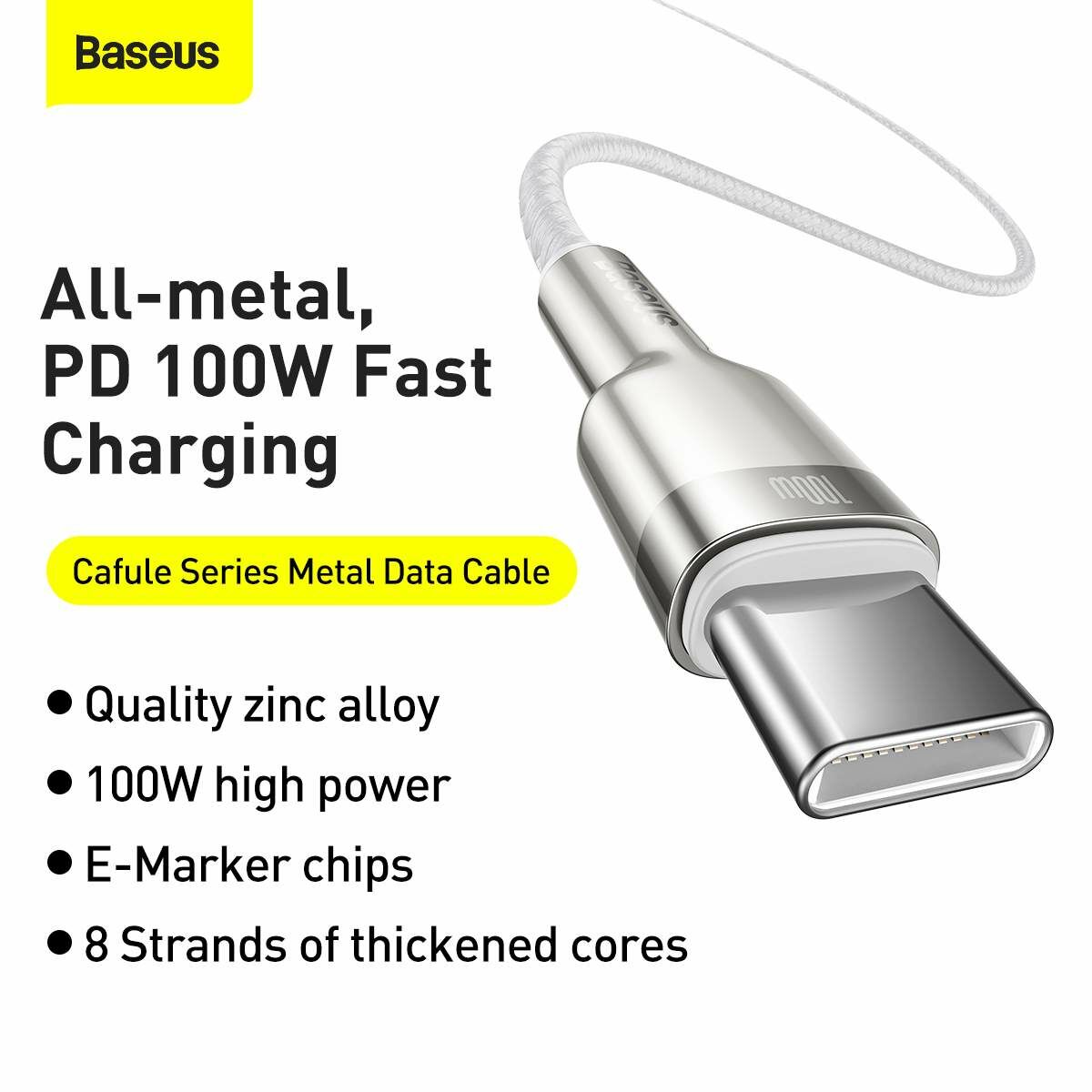 Kép 11/12 - Baseus Type-C - Type-C kábel, Cafule Series Metal gyorstöltő és adatkábel 100W (20V/5A) 2m, fehér (CATJK-D02)