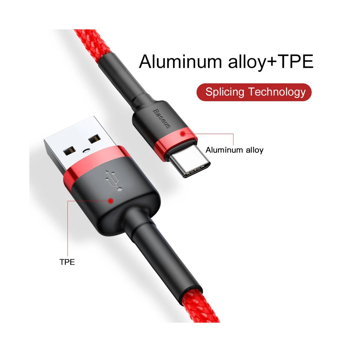 Kép 3/16 - Baseus Type-C Cafule kábel, 2A, 3m, piros/piros (CATKLF-U09)