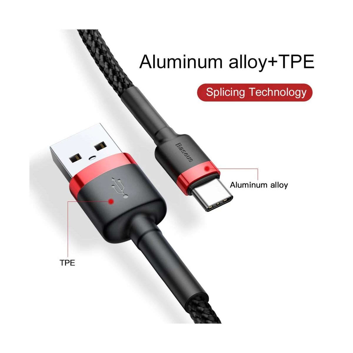 Kép 8/17 - Baseus Type-C Cafule kábel, 2A, 3m, piros/fekete (CATKLF-U91)