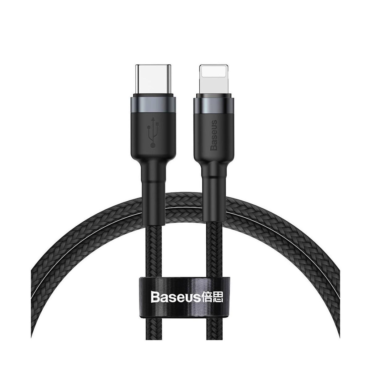 Kép 2/10 - Baseus Type-C - Lightning Cafule kábel, tartós fonott Nylon burkolat, QC3.0, 18W, 1m, fekete/szürke (CATLKLF-G1)