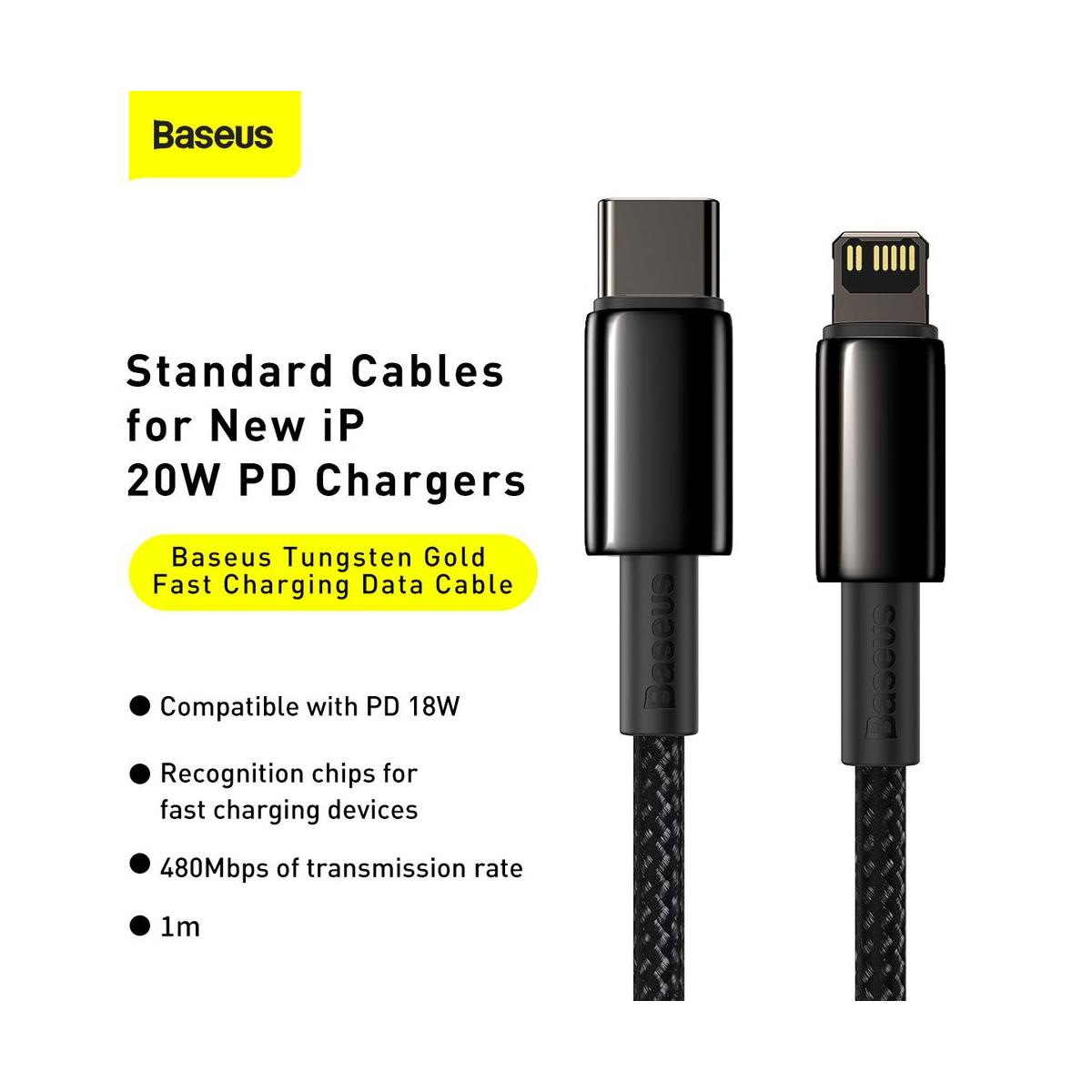 Kép 3/14 - Baseus Type-C - Lightning kábel, Tungsten Gold gyorstöltő PD 20W 1m, fekete (CATLWJ-01)