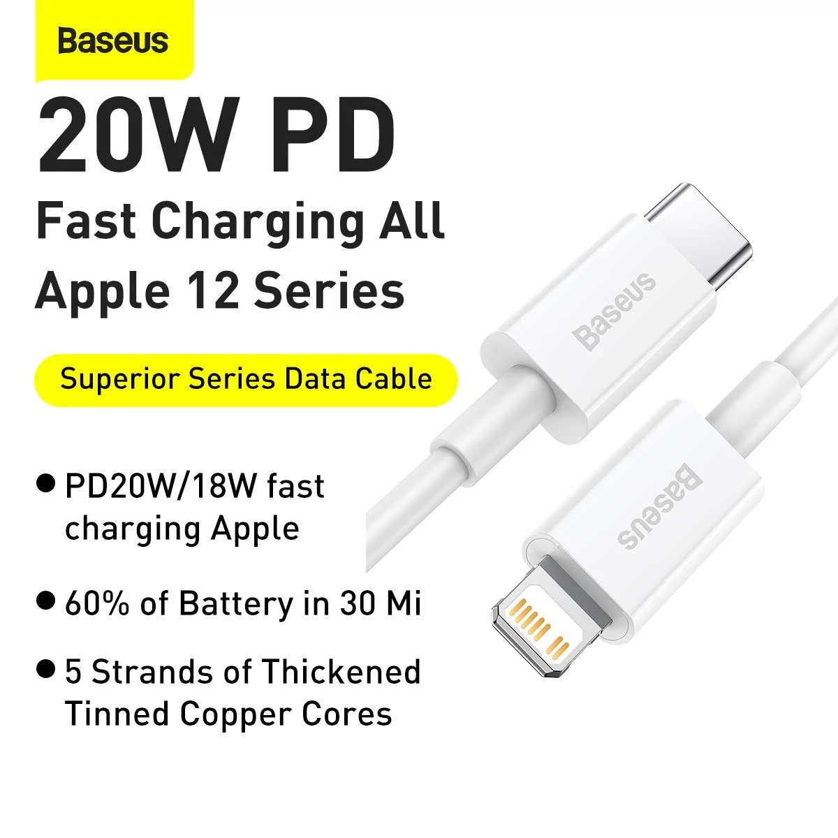 Kép 8/11 - Baseus Type-C - Lightning Superior Series gyorstöltő-, adatkábel, PD 20W 1.5m, fehér (CATLYS-B02)