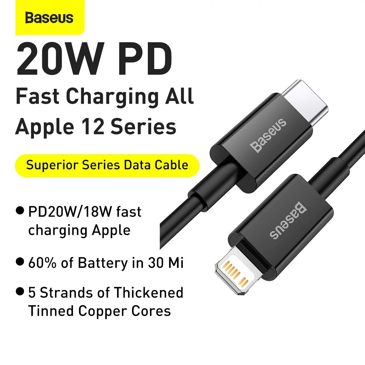 Kép 10/11 - Baseus Type-C - Lightning Superior Series Gyors töltés, Adatkábel, PD 20W 2m, fekete (CATLYS-C01)