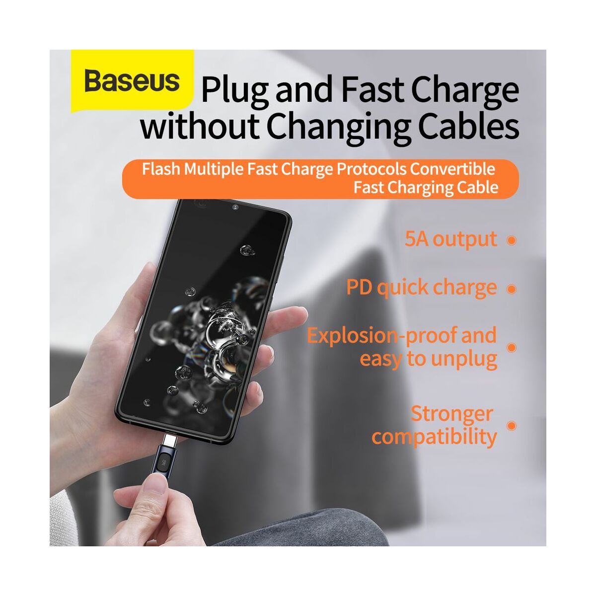 Baseus Type-C kábel, Flash Multiple, többféle gyorstöltő protokoll illesztő funkcióval, 5A, 1m, szürke (CATSS-A0G)