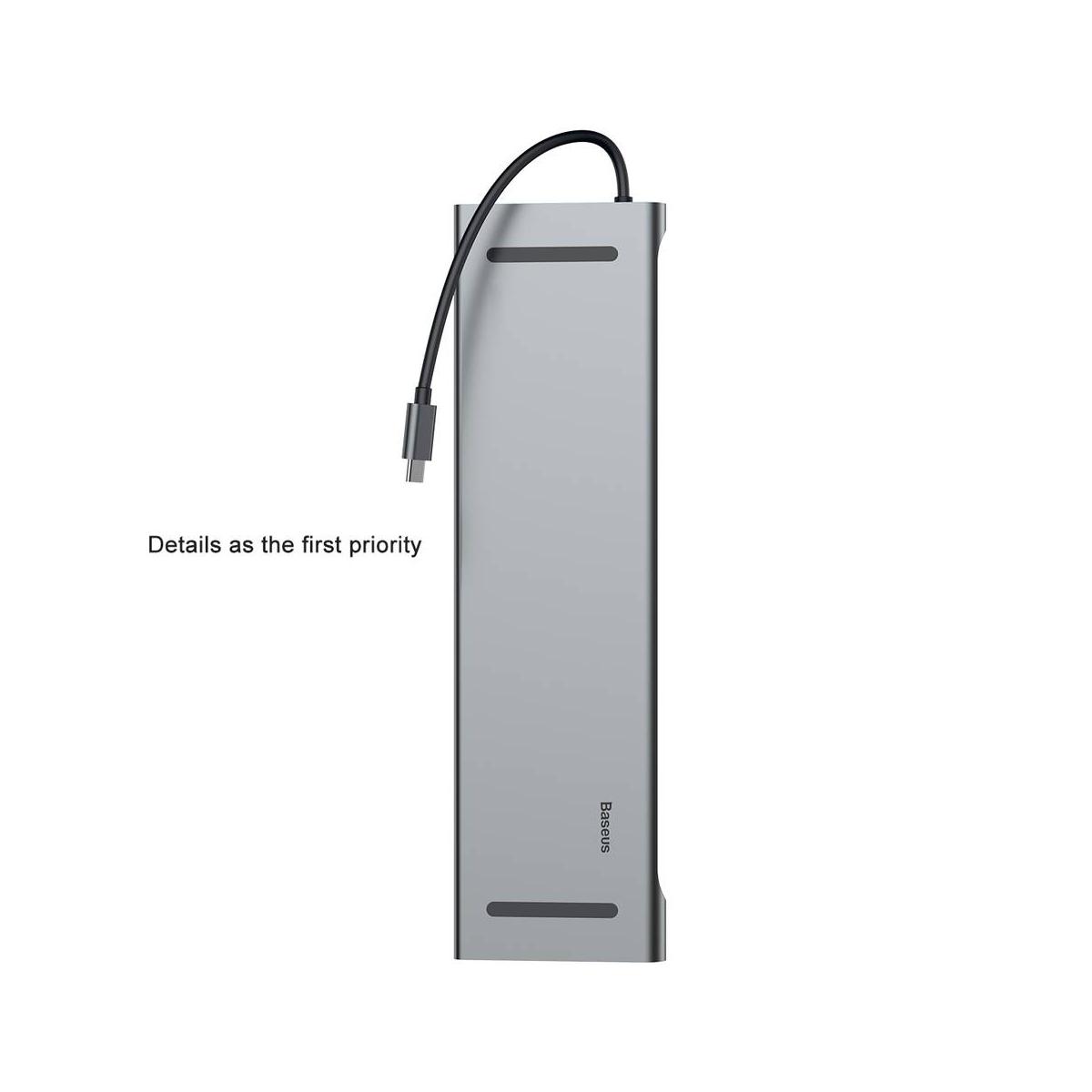 Kép 3/8 - Baseus HUB, Enjoyment series (Type-C bemenetről - 4K/HDMI/VGA/RJ45/3.5mm/SD-Micro SD/3xUSB3.0/PD=60W (20V/3A), dokkoló, szürke (CATSX-F0G)