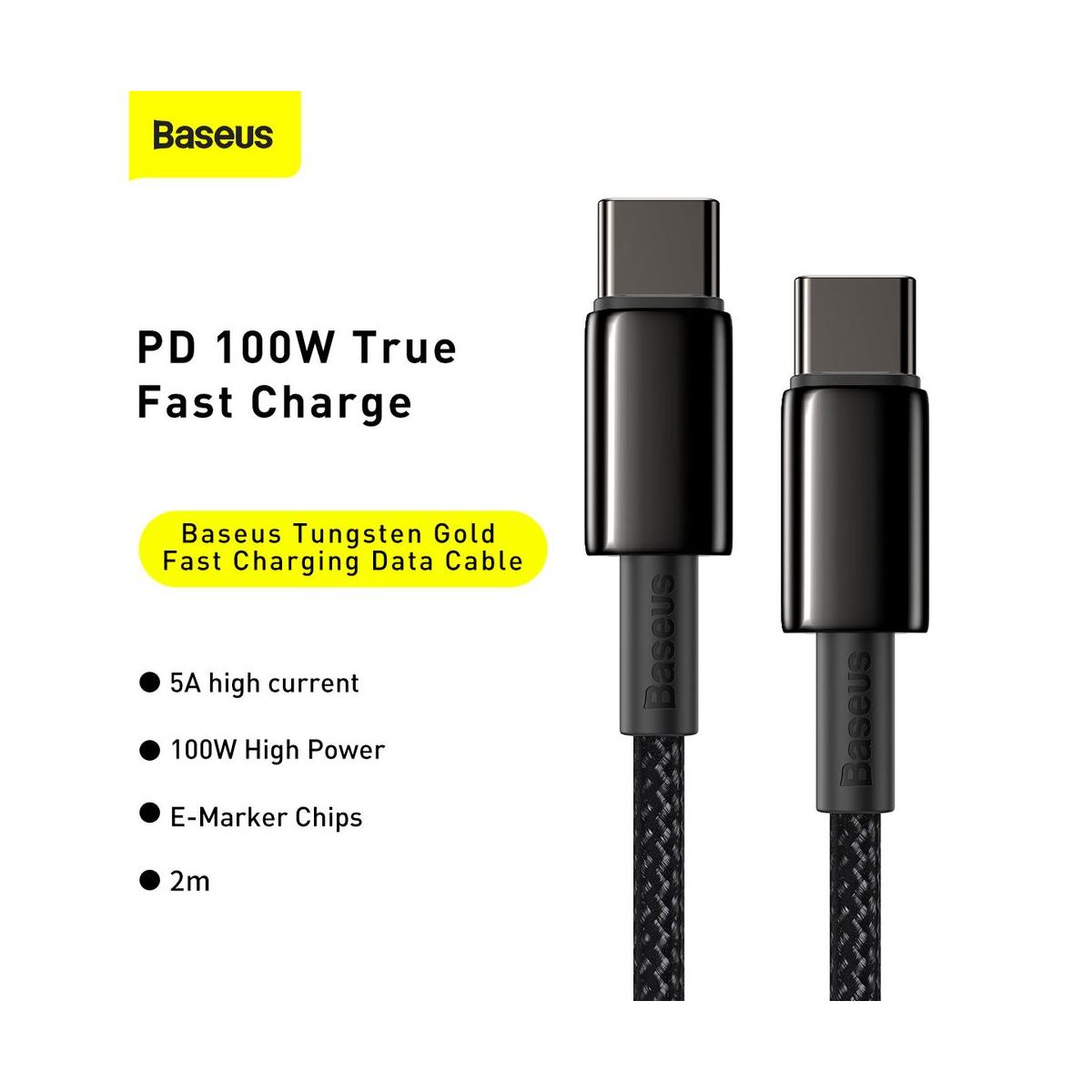 Kép 3/13 - Baseus Type-C kábel, Tungsten Gold gyorstöltő és adatkábel 100W (20V/5A) 2m, fekete (CATWJ-A01)