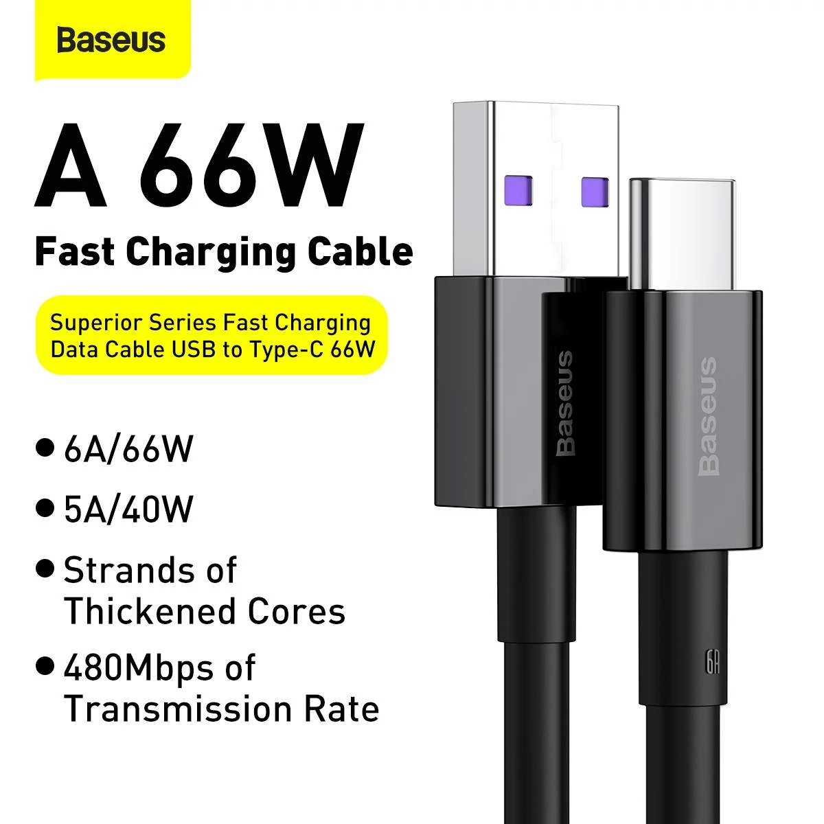 Kép 10/11 - Baseus Type-C Superior series Gyors töltés, Adatkábel, 66W (11V / 6A) 2m, fekete (CATYS-A01)