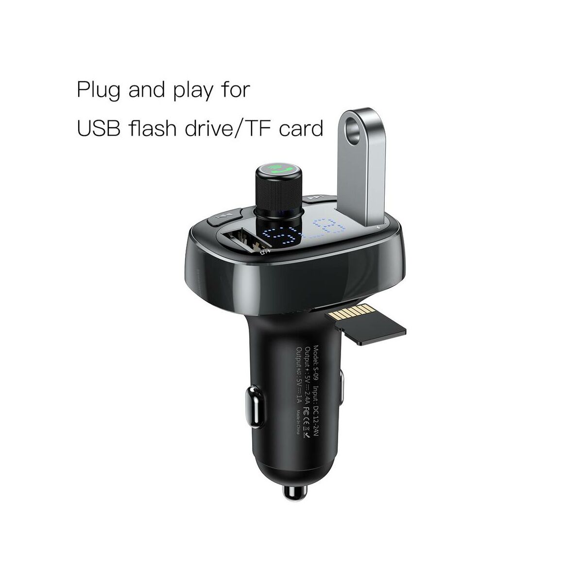 Baseus autós töltő, Bluetooth Fm Transzmitter T-Typed MP3 USB TF microSD 3.4A, fekete (CCALL-TM01)