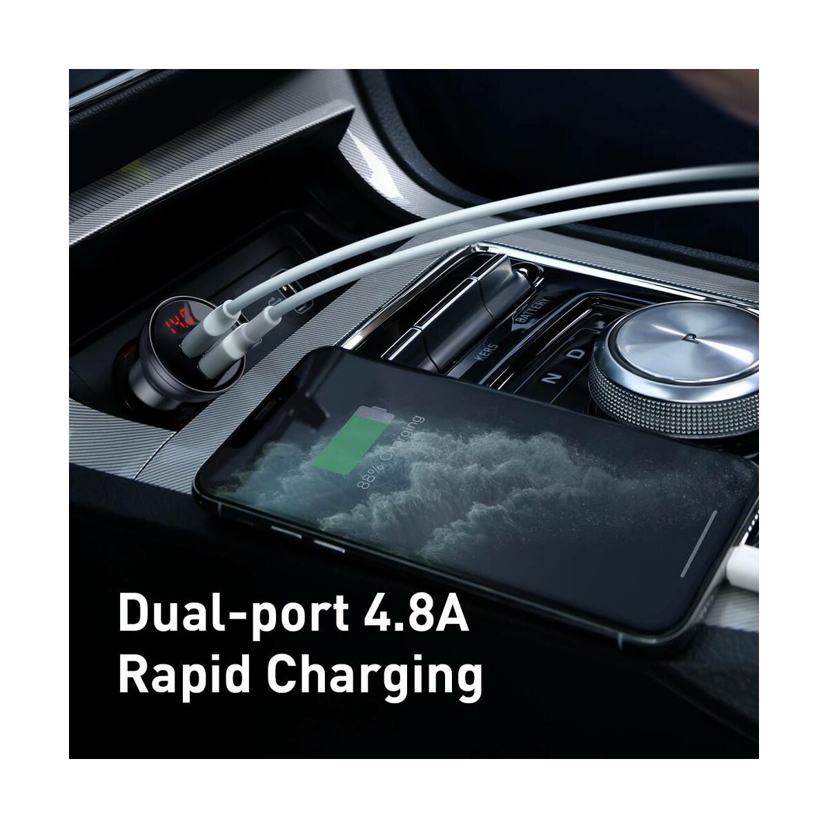 Kép 4/8 - Baseus autós töltő, Digital Display Dual USB csatlakozás, digitális kijelzés, 24W 4.8A, szürke (CCBX-0G)