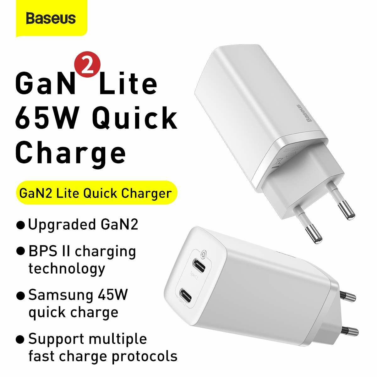 Kép 8/14 - Baseus hálózati töltő, GaN2 Lite gyors töltő, C + C, 65W, fehér (CCGAN2L-E02)